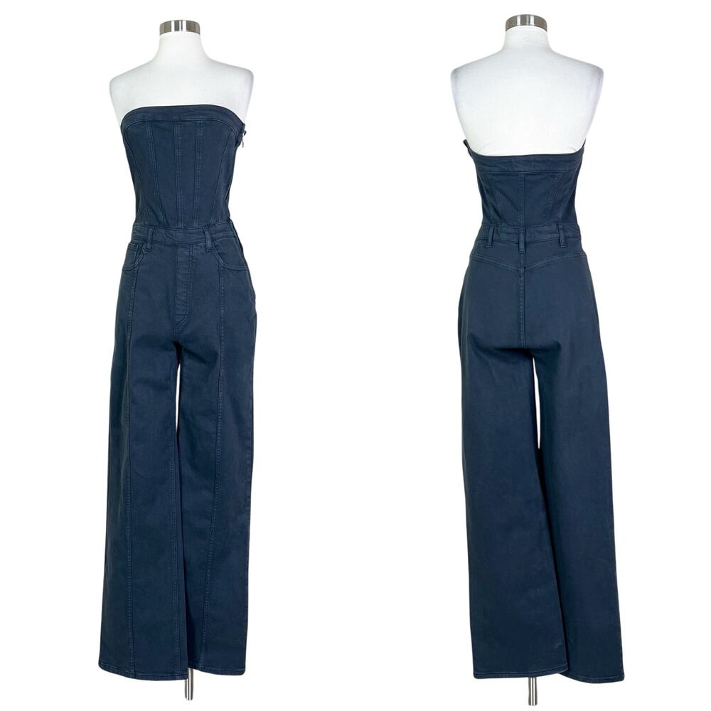 ZARA | Strapless Dark Grey Denim Jean Corset Style Wide Leg Viral Jumpsuit XS